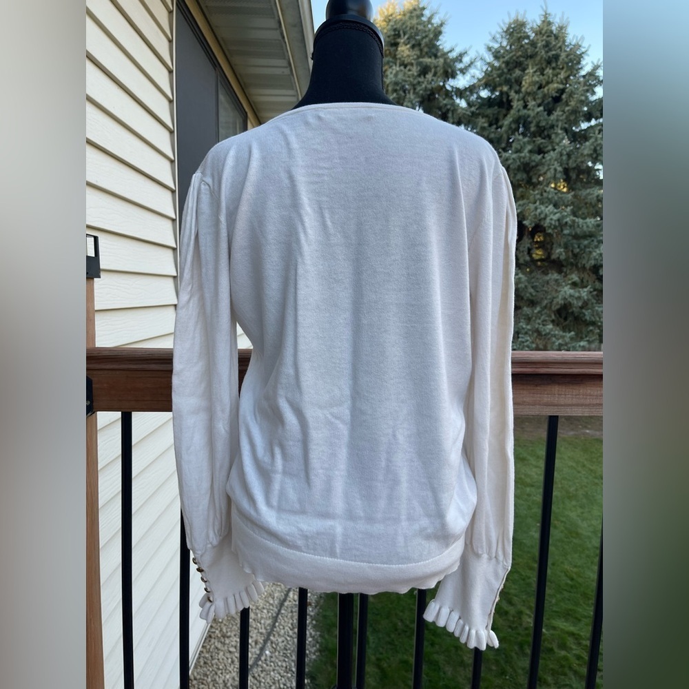 Lauren Ralph Lauren Button Cuff Sweater Women’s Large Ivory V-Neck Knit Cotton - Picture 5 of 10